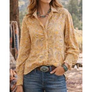 Sundance Women's Yellow Floral Paisley Print Popover Long Sleeve Shirt Top | XL